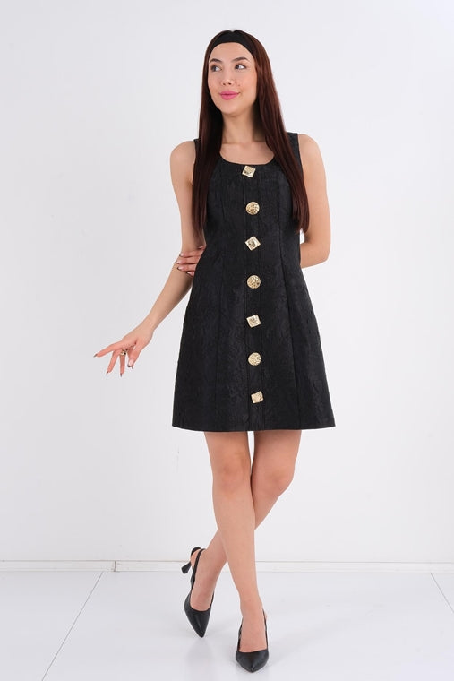 DD6127 Black Gold Button Detail Dress