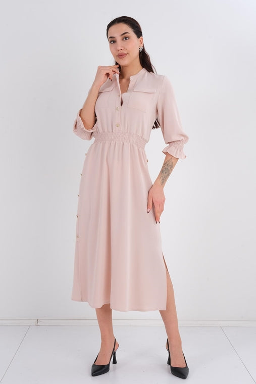 DD6129 Beige Side Button Dress