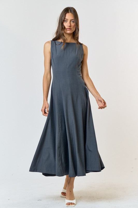 DD4077 Charcoal Boat Neck Flared Maxi