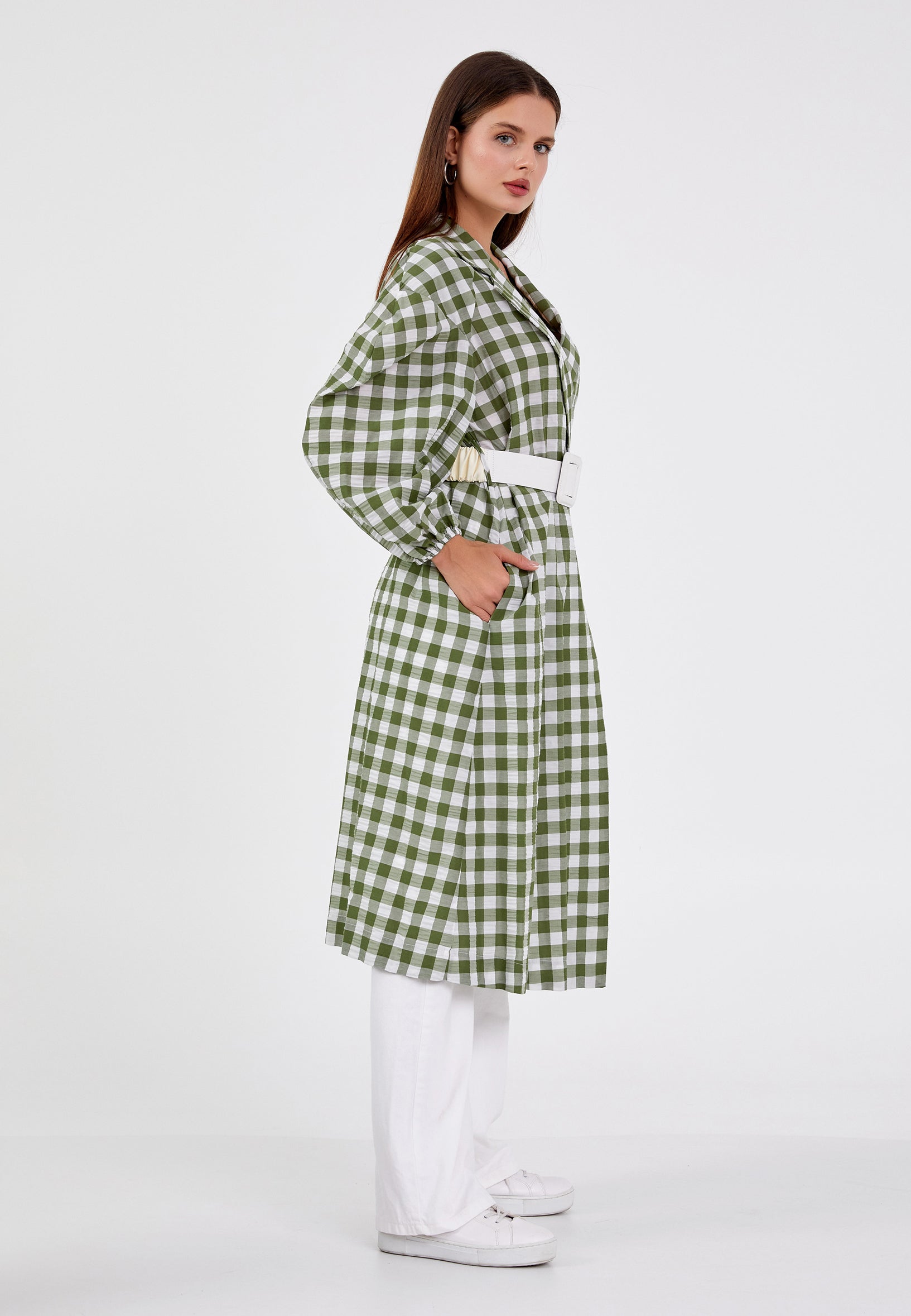 D9356 Green Checkered Trench Coat