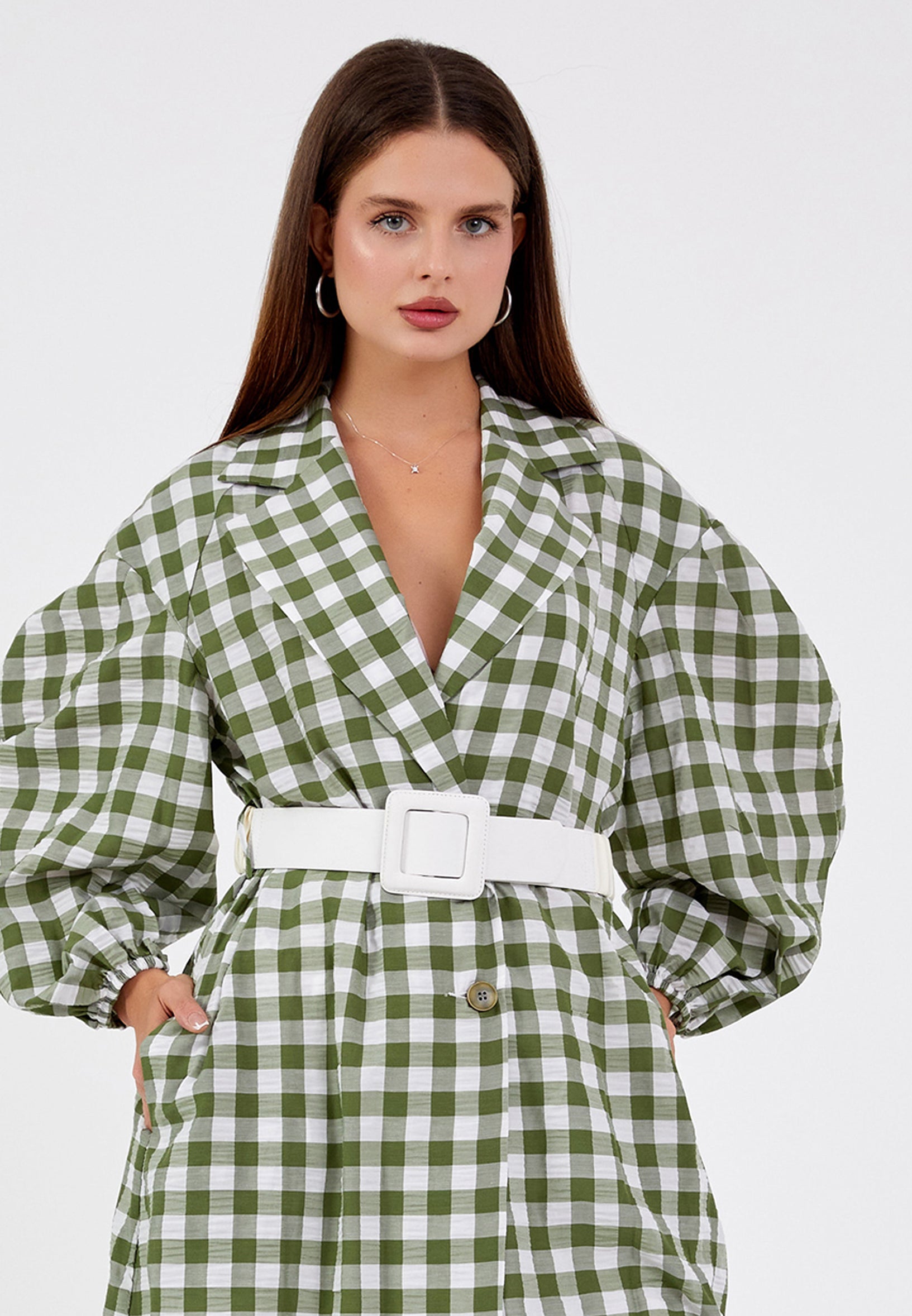 D9356 Green Checkered Trench Coat