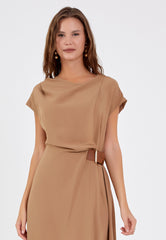 D9353 Beige Midi Waist Tie Detail Dress