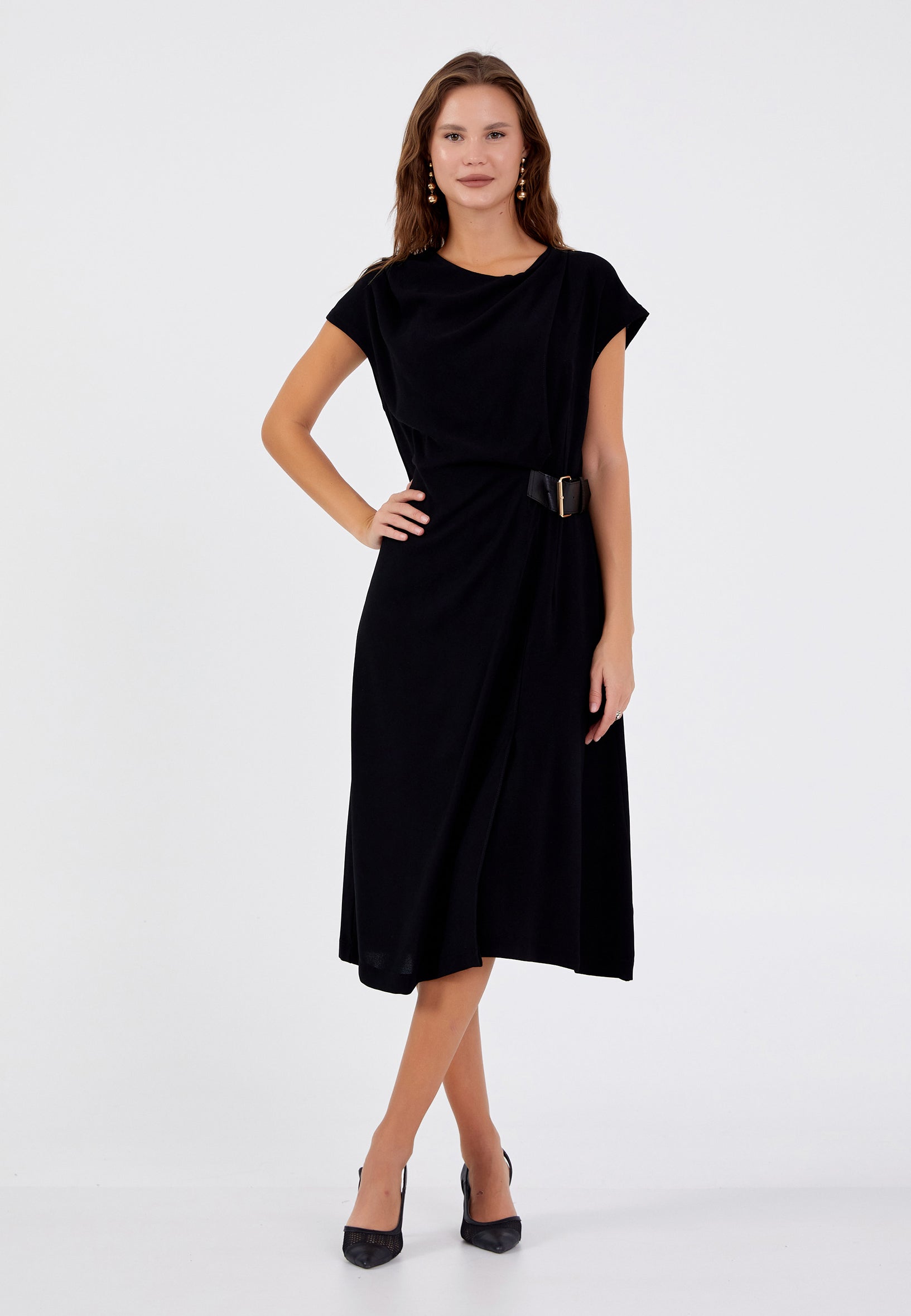 D9352 Black Midi Waist Tie Detail Dress