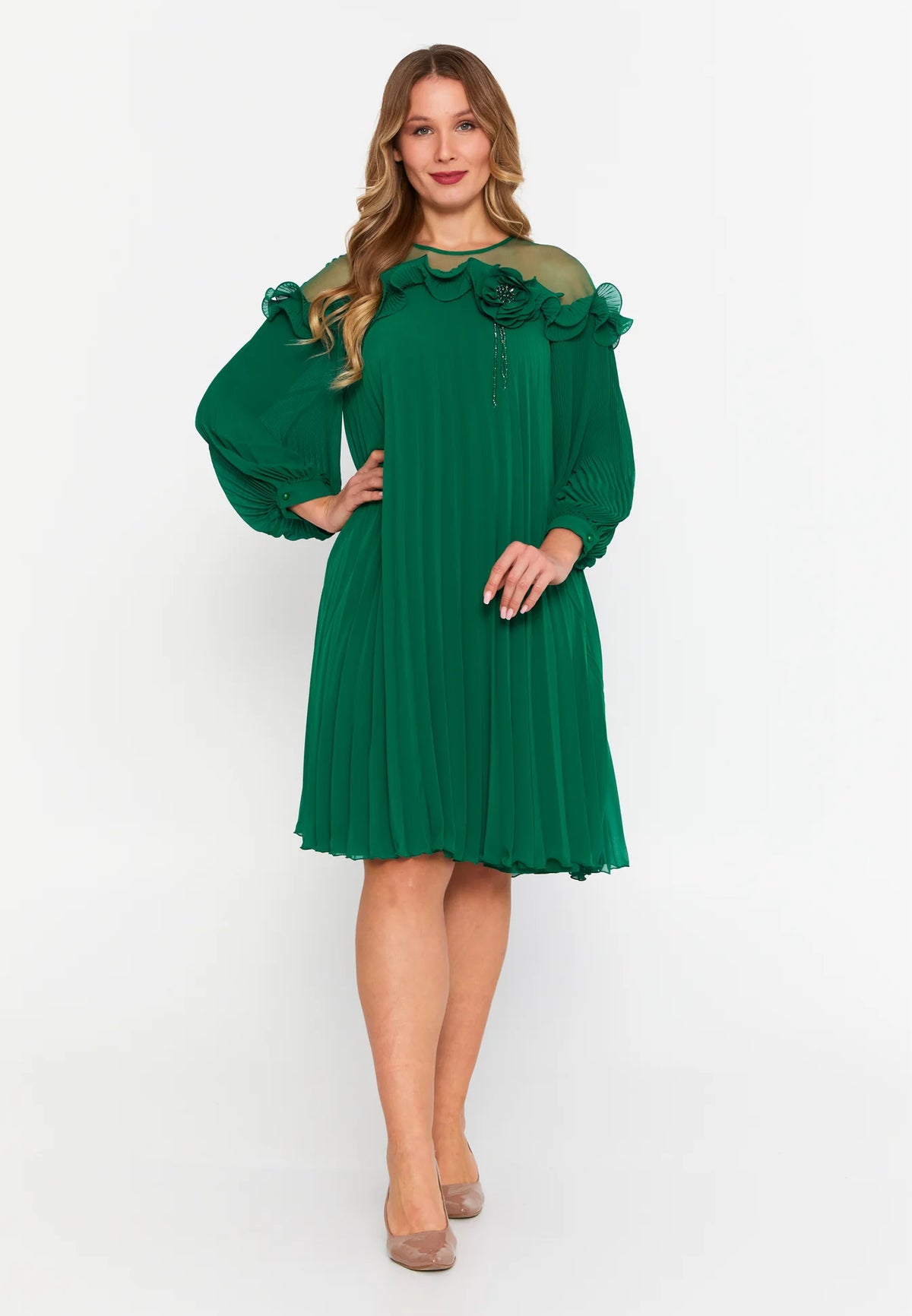 DD5138 Green Chiffon Frill Dress