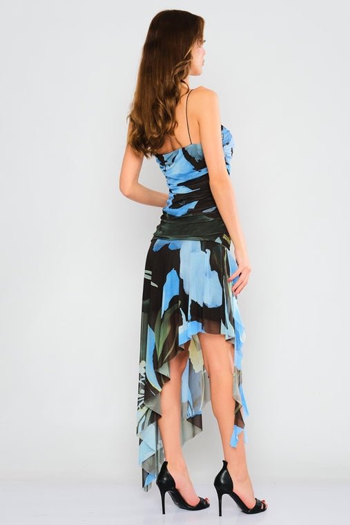 D3702 Blue Floral Chiffon Dress - La Elegant