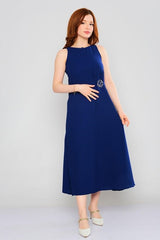 D3721 Navy Blue Midi Length Dress - La Elegant