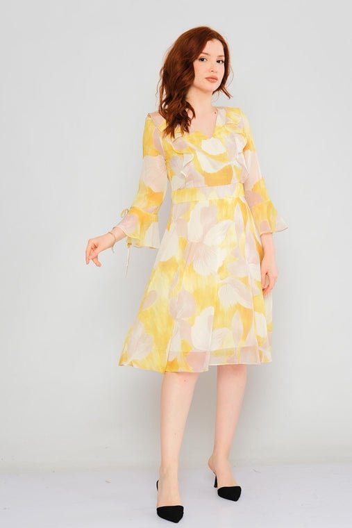 D3801 Yellow Chiffon Midi Dress - La Elegant