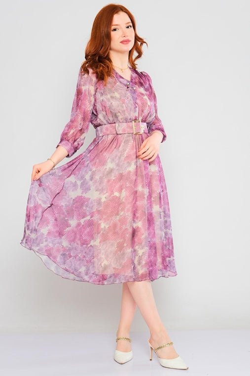 D3811 Lilac Snake Print Midi Dress - La Elegant