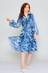 D3819 Blue Marble Chiffon Midi Dress - La Elegant