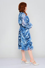 D3819 Blue Marble Chiffon Midi Dress - La Elegant