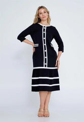 D3901 Black & White Striped Midi Dress - La Elegant