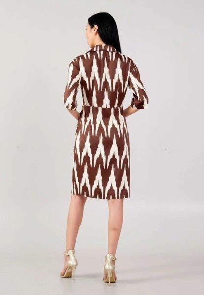 D3905 Brown & Cream Print Knee Length Dress - La Elegant
