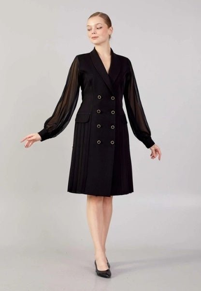 D3908 Black Chiffon Arm Knee Length Dress - La Elegant