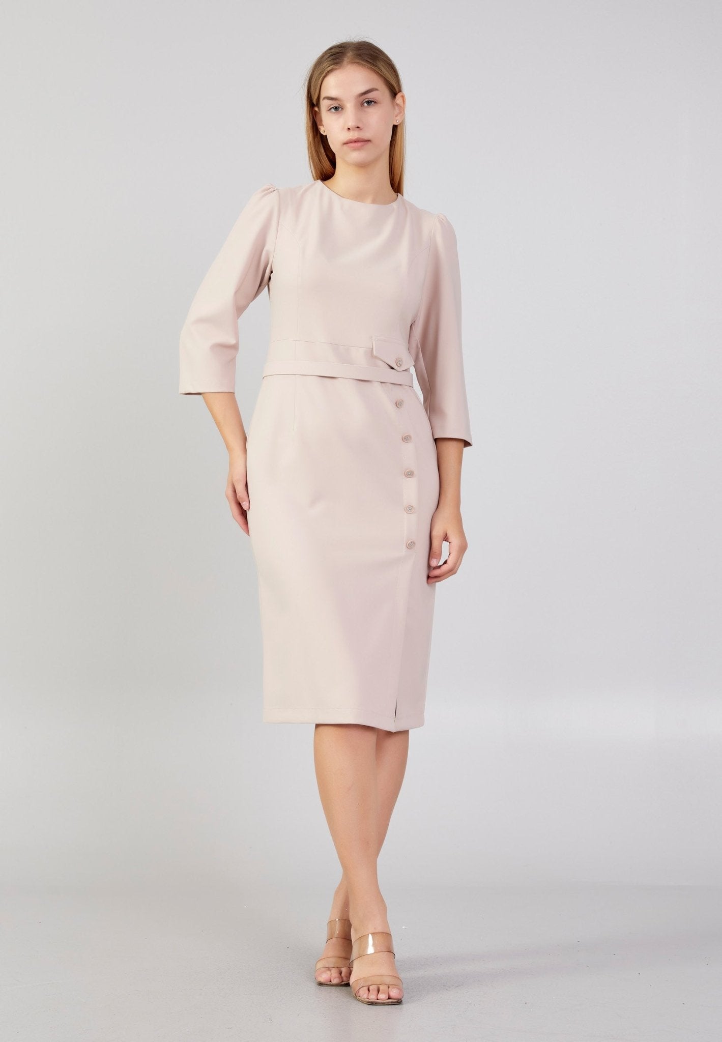 D4002 Beige Office Pencil Cut Midi - La Elegant