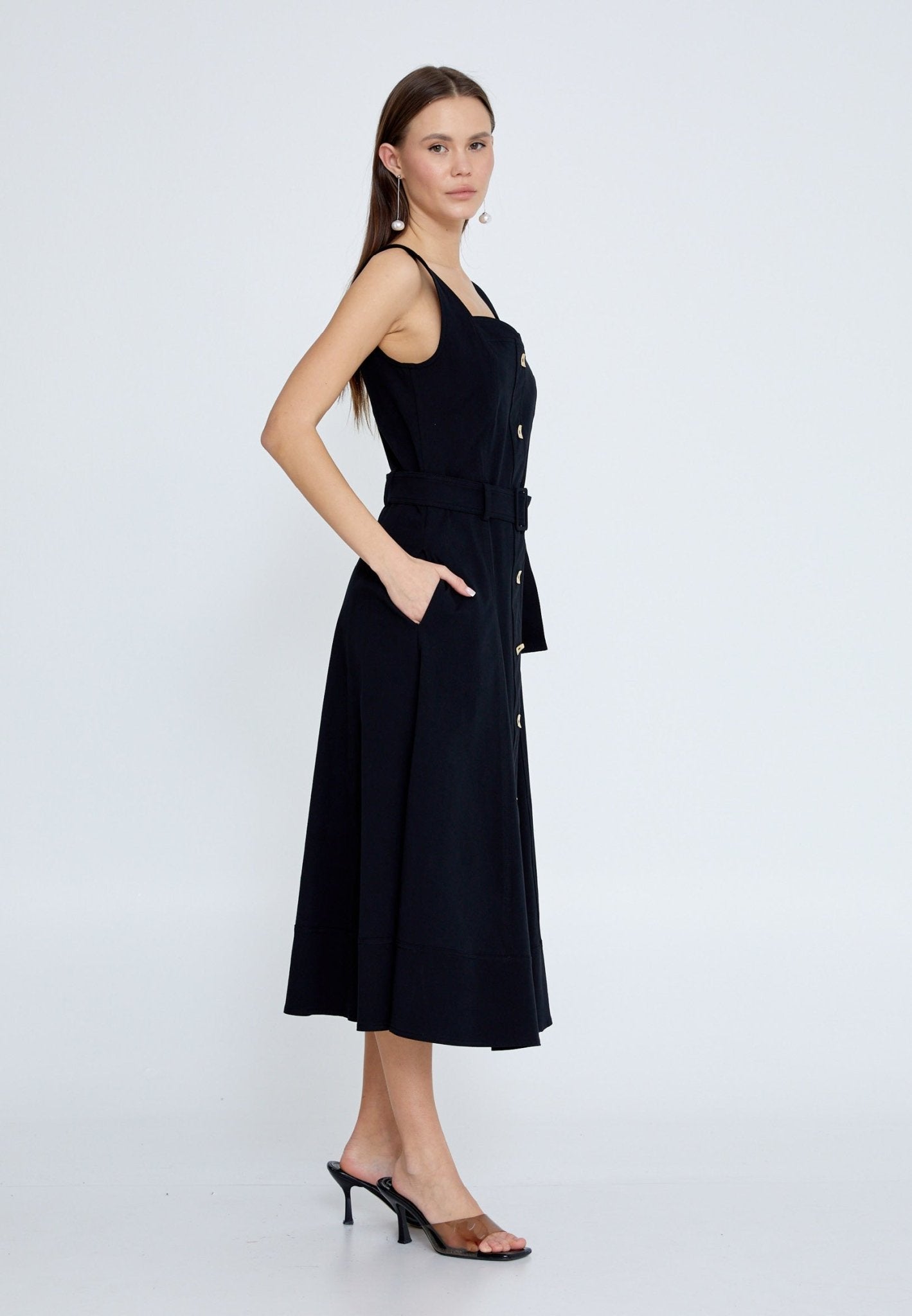 D4012 Black Button Down Midi - La Elegant