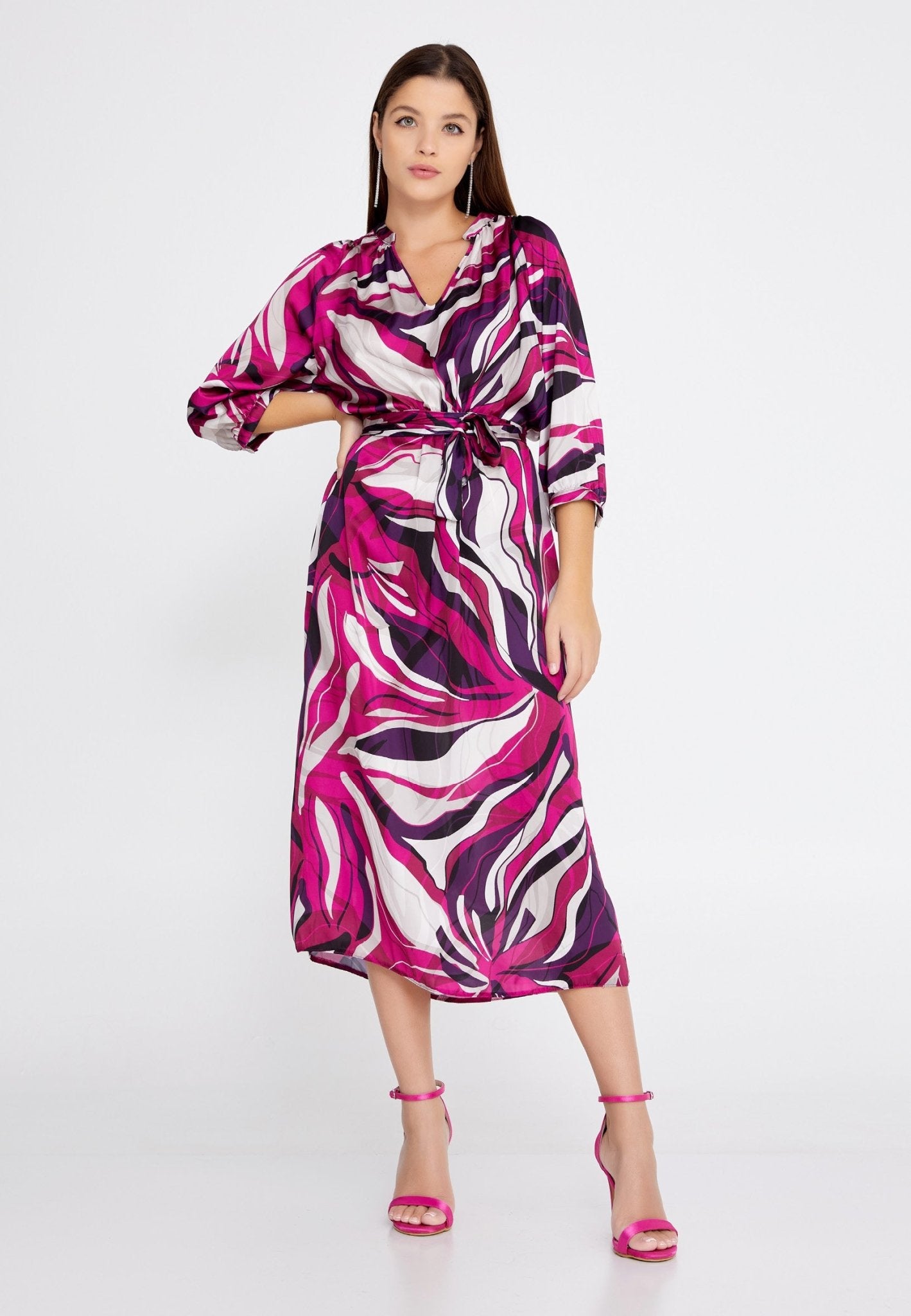 D4013 Pink Multi Print Midi Dress - La Elegant