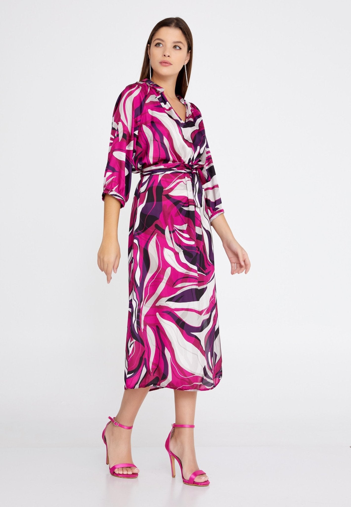 D4013 Pink Multi Print Midi Dress - La Elegant