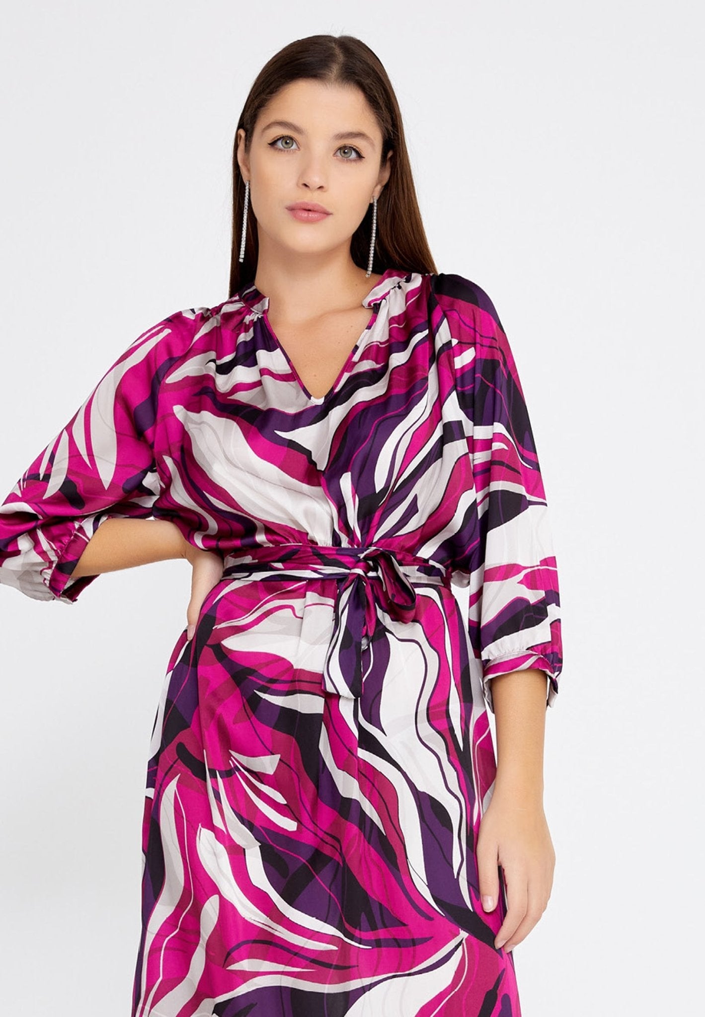 D4013 Pink Multi Print Midi Dress - La Elegant