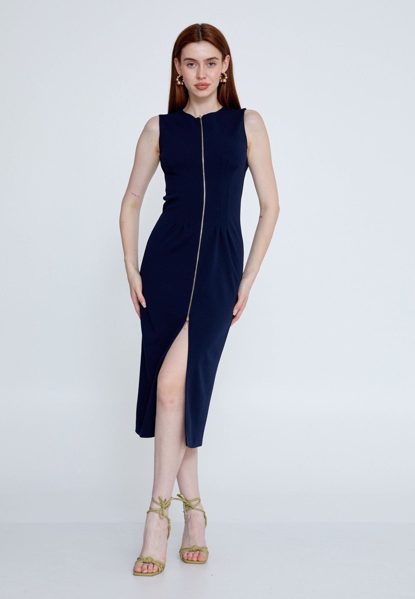 D4026 Navy Zip Detail Midi - La Elegant