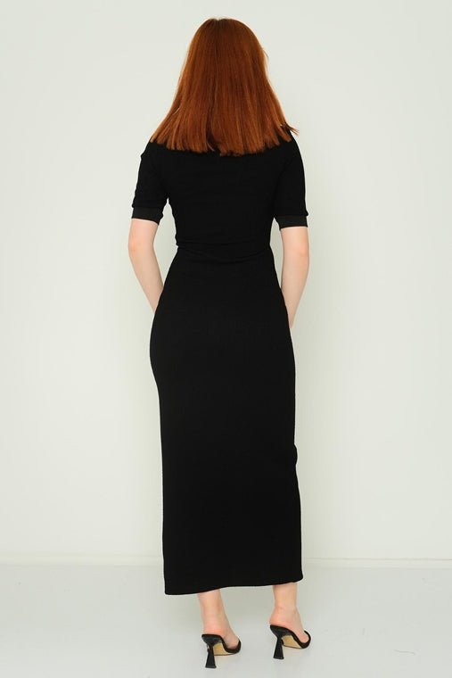 D4031 Black Pencil Cut Bodycon Midi - La Elegant