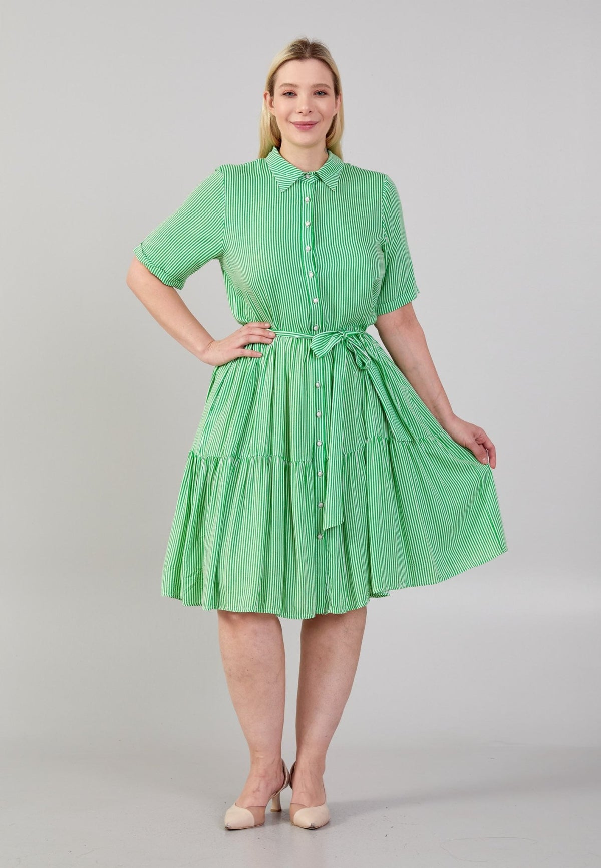 D7012 Green & White Stripe Knee Length Dress - La Elegant