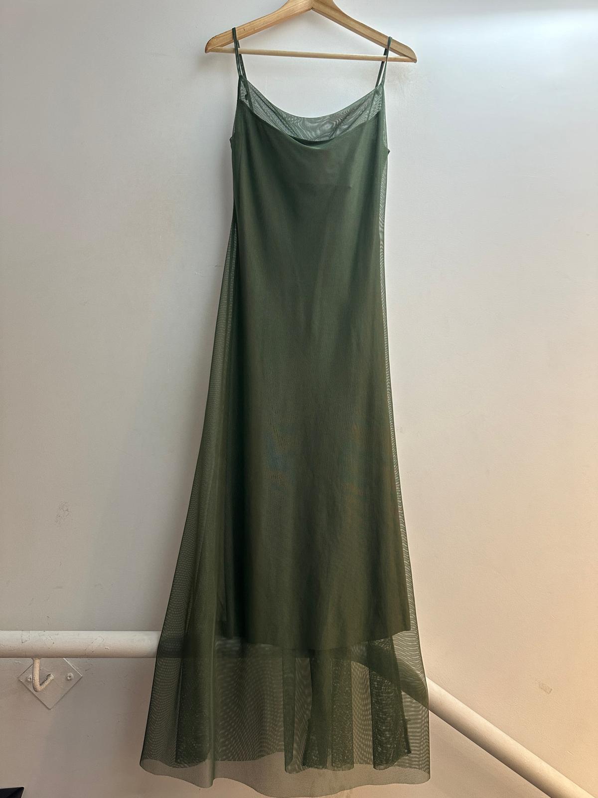 D7027 Khaki Mesh Maxi Dress - La Elegant