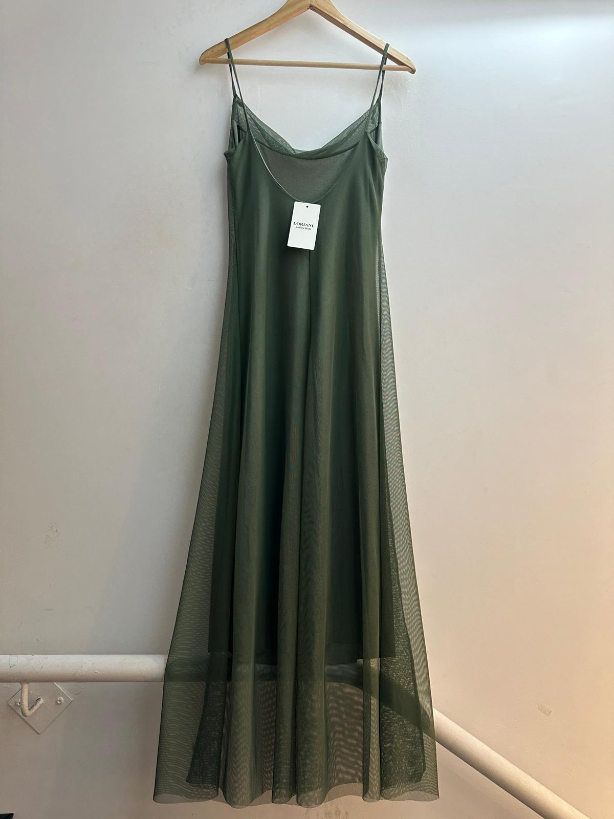 D7027 Khaki Mesh Maxi Dress - La Elegant