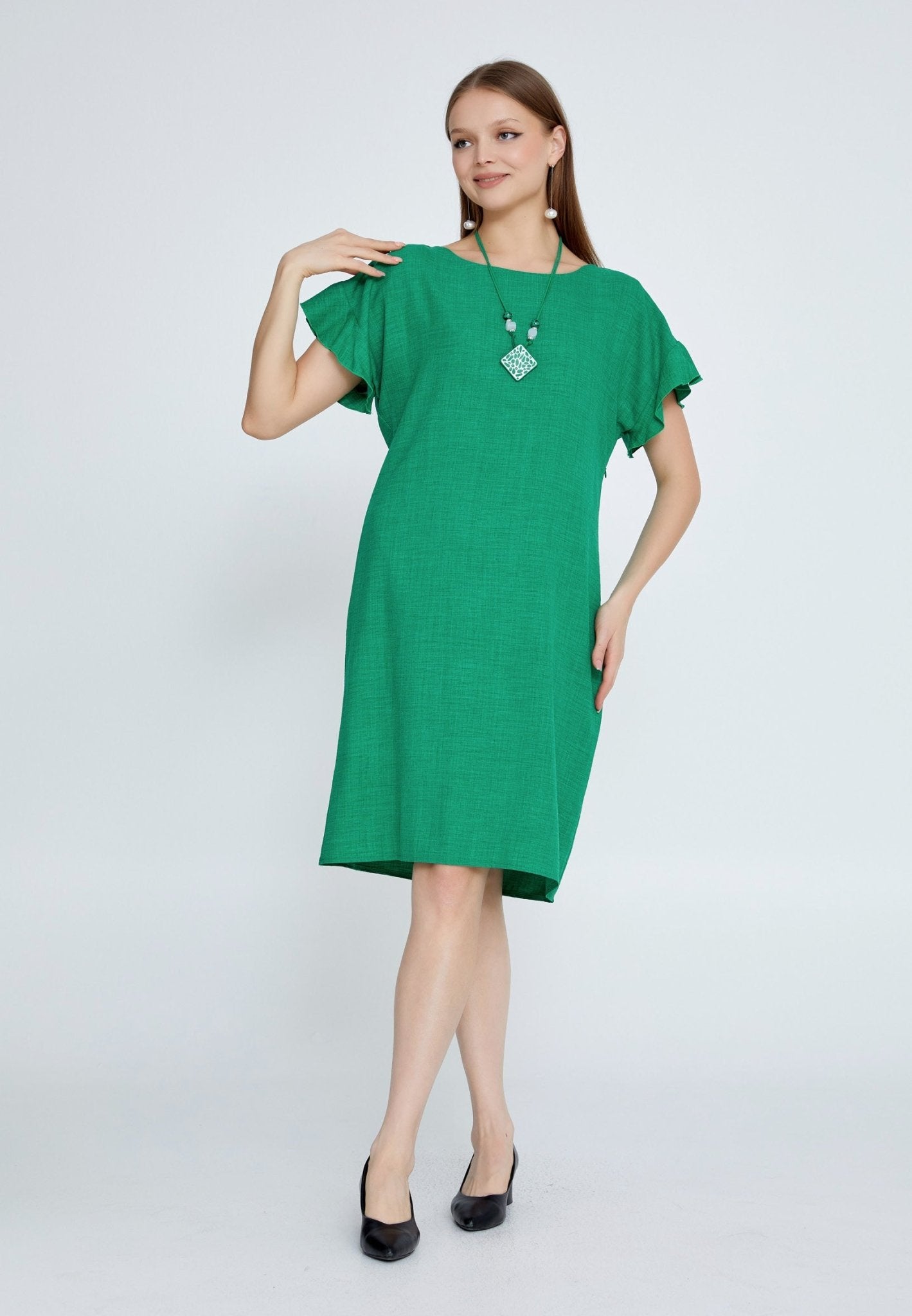 D8002 Green Shoulder Frill Dress - La Elegant