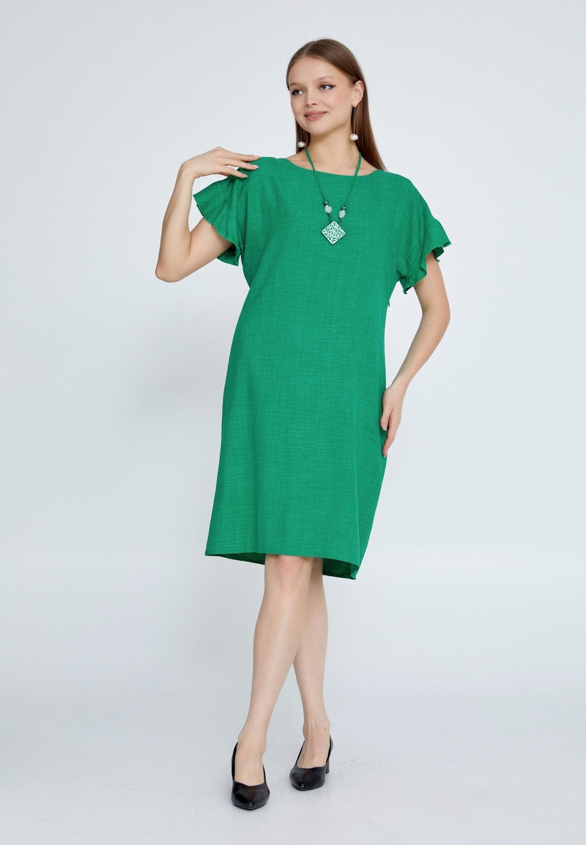 D8002 Green Shoulder Frill Dress - La Elegant