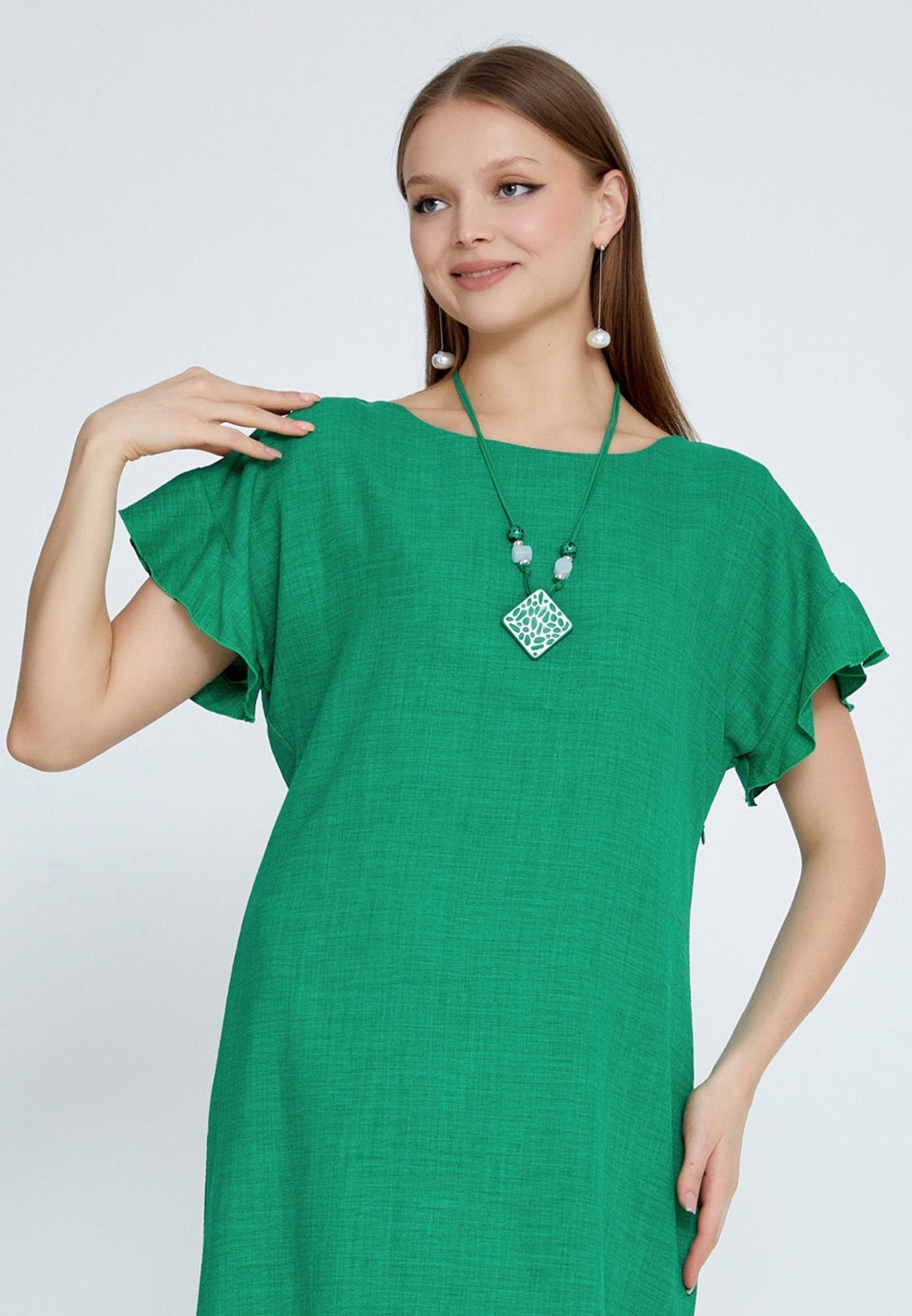 D8002 Green Shoulder Frill Dress - La Elegant