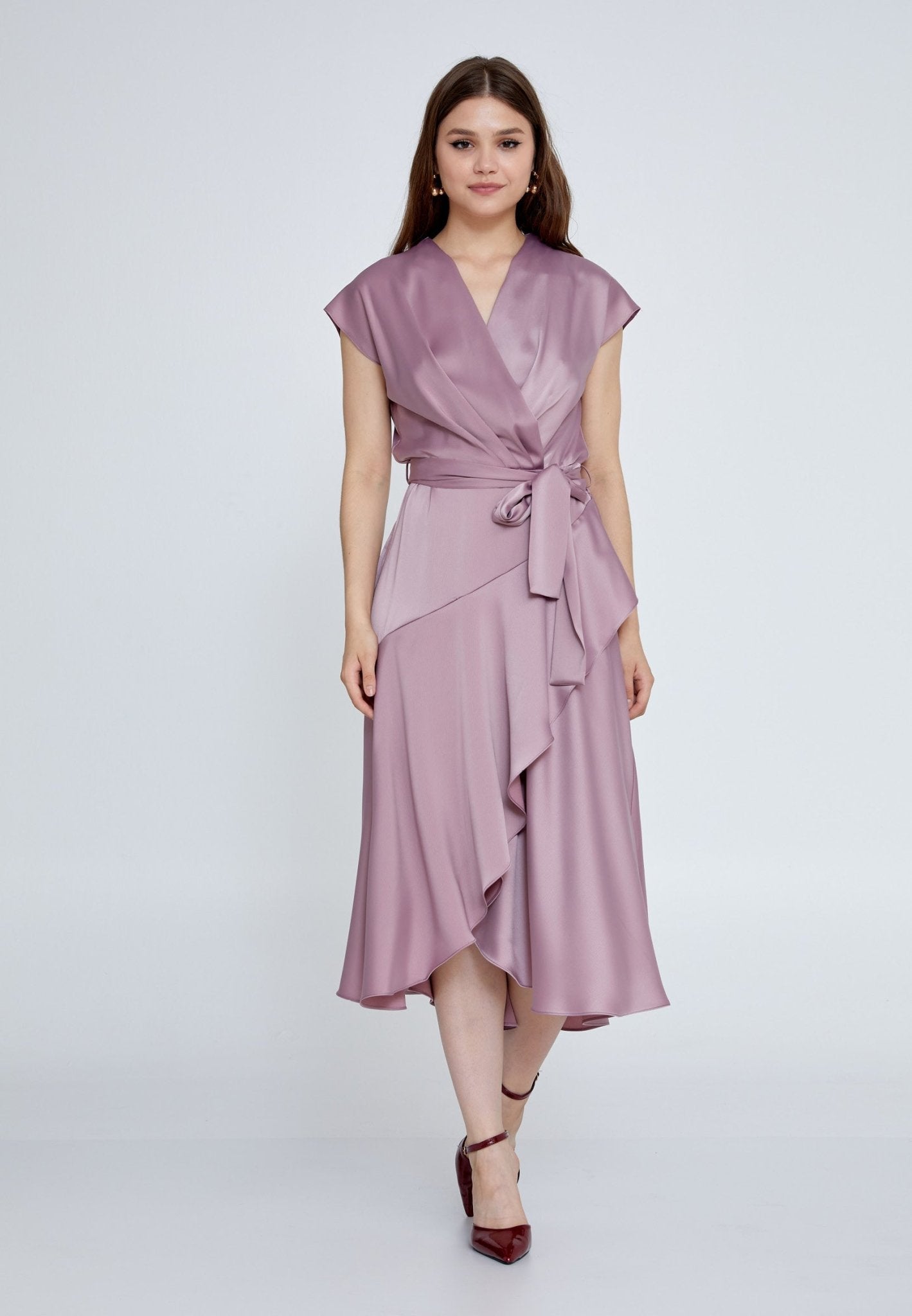 D8003 Purple Frill Wrap Dress - La Elegant