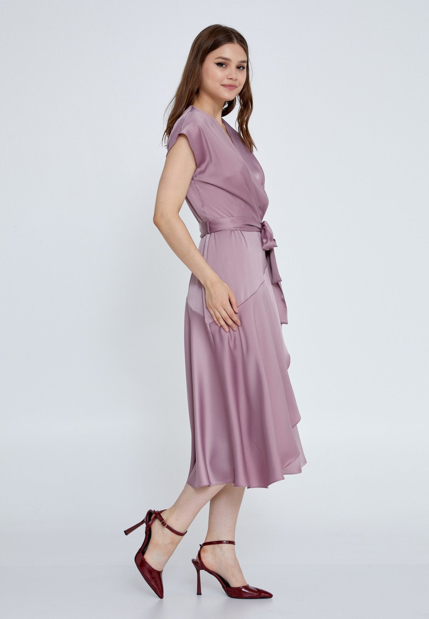 D8003 Purple Frill Wrap Dress - La Elegant