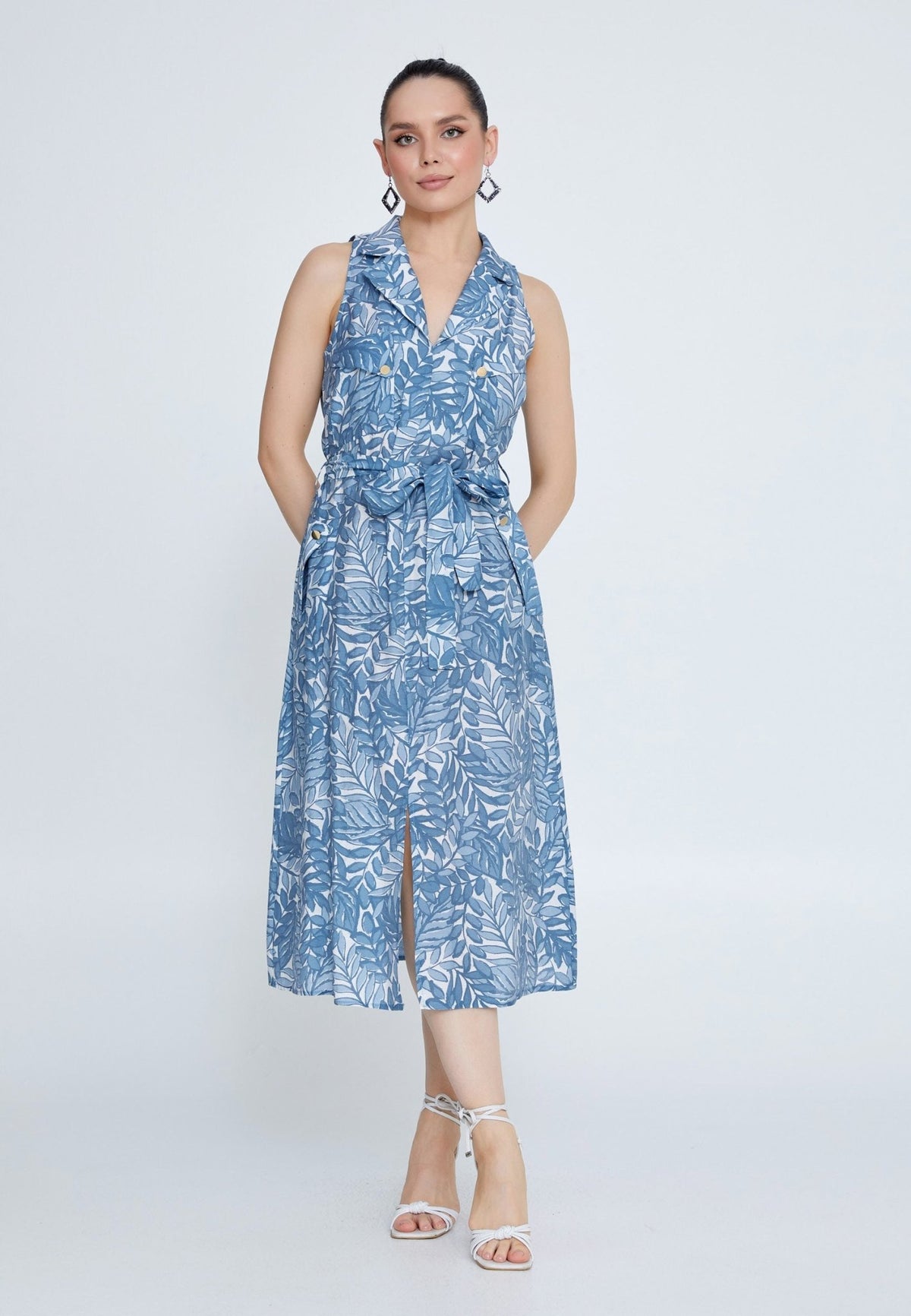 D8009 Blue Leaf Print Midi Dress - La Elegant