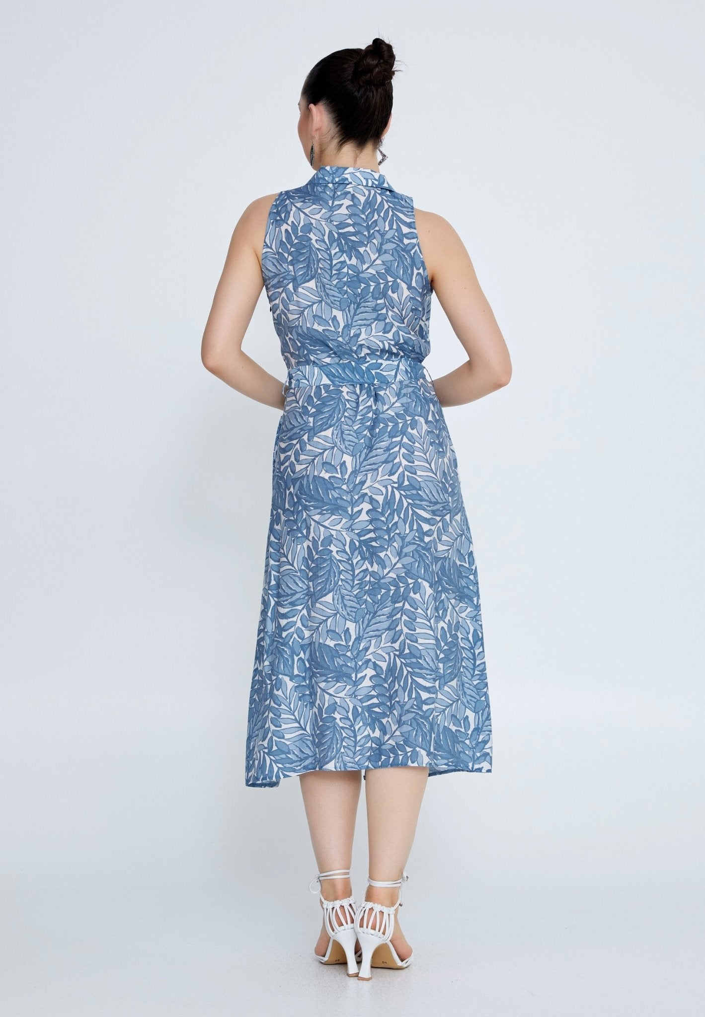 D8009 Blue Leaf Print Midi Dress - La Elegant