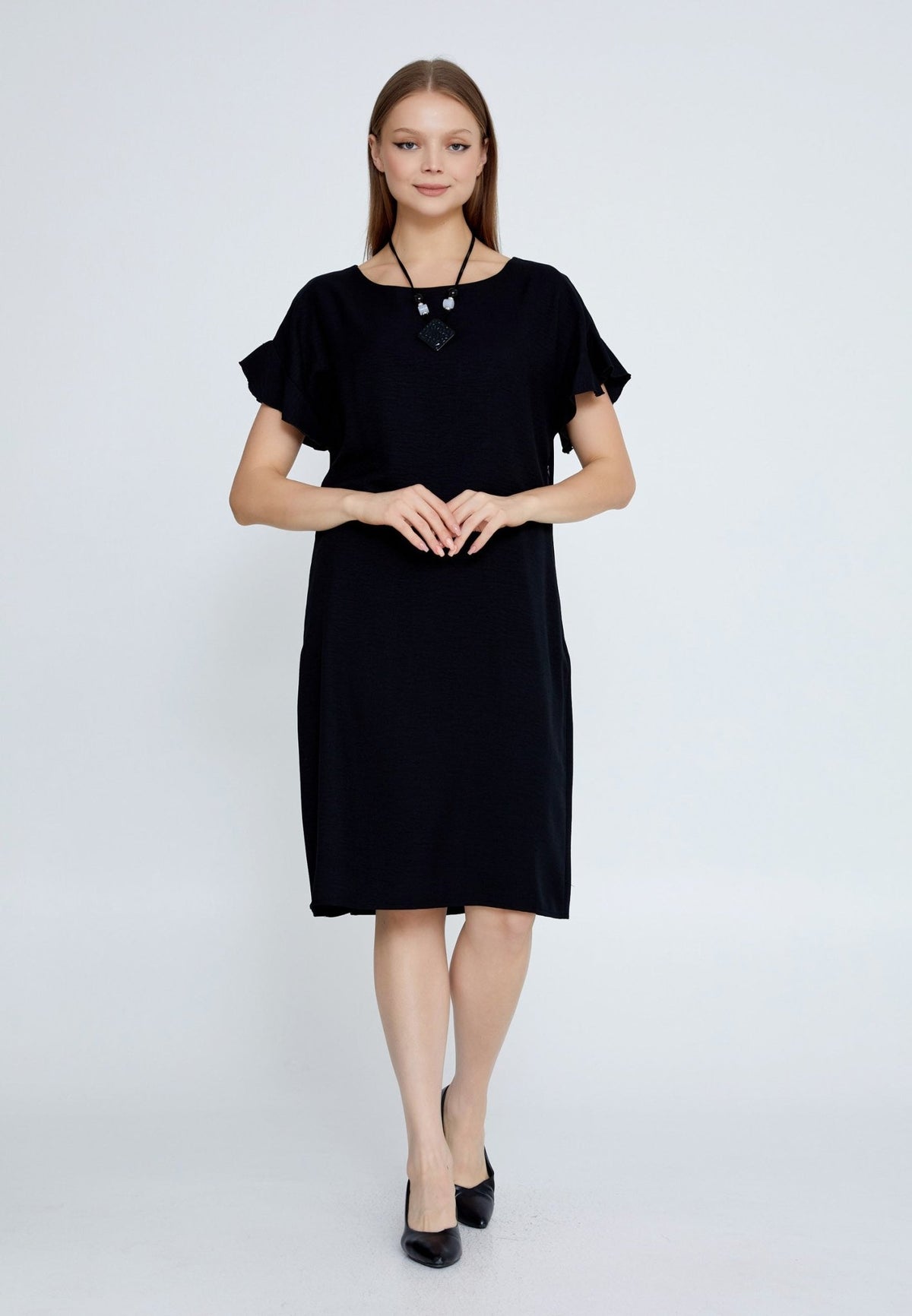 D8010 Black Shoulder Frill Dress - La Elegant