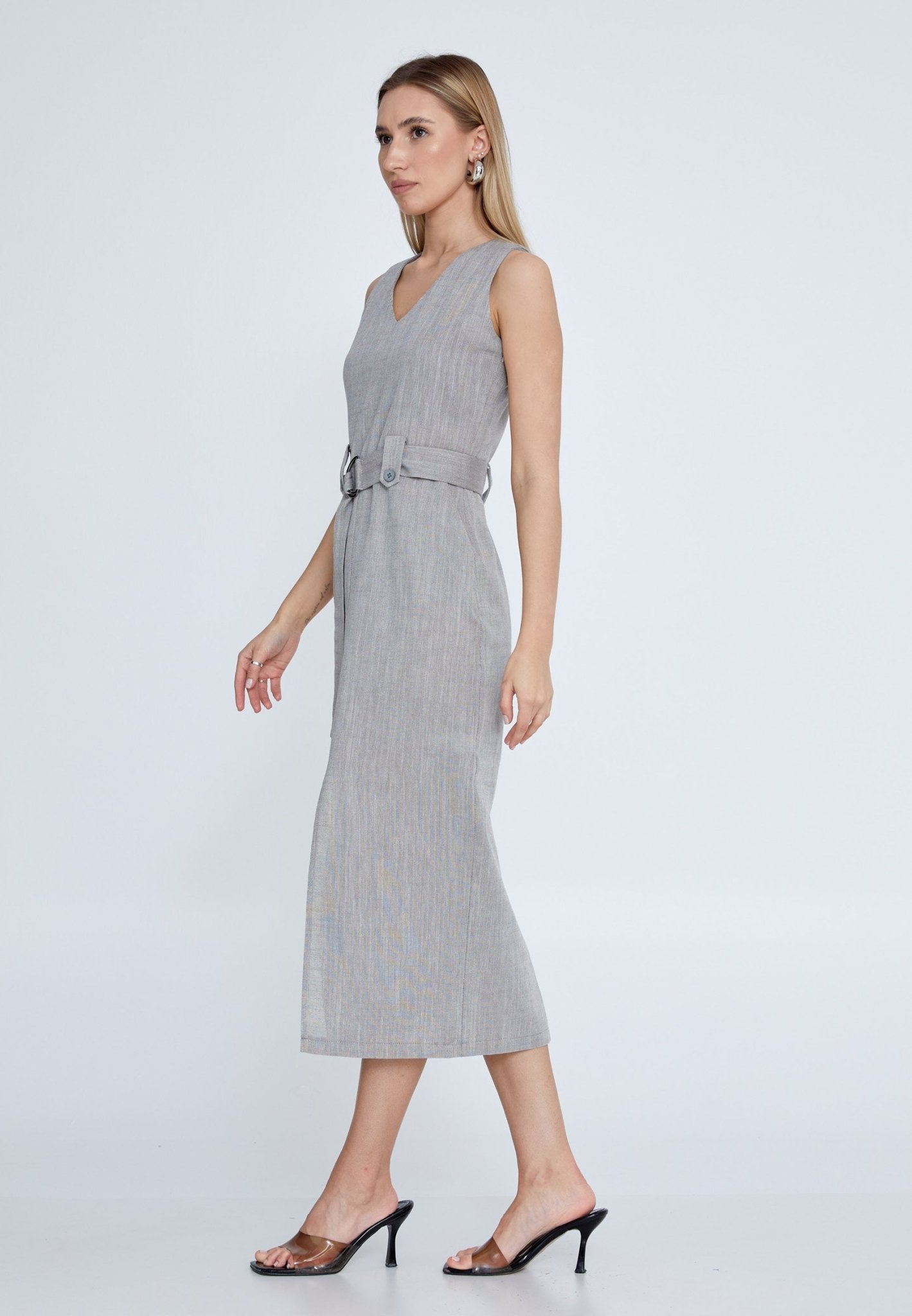 D8011 Grey Linen Office Dress - La Elegant