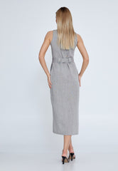 D8011 Grey Linen Office Dress - La Elegant