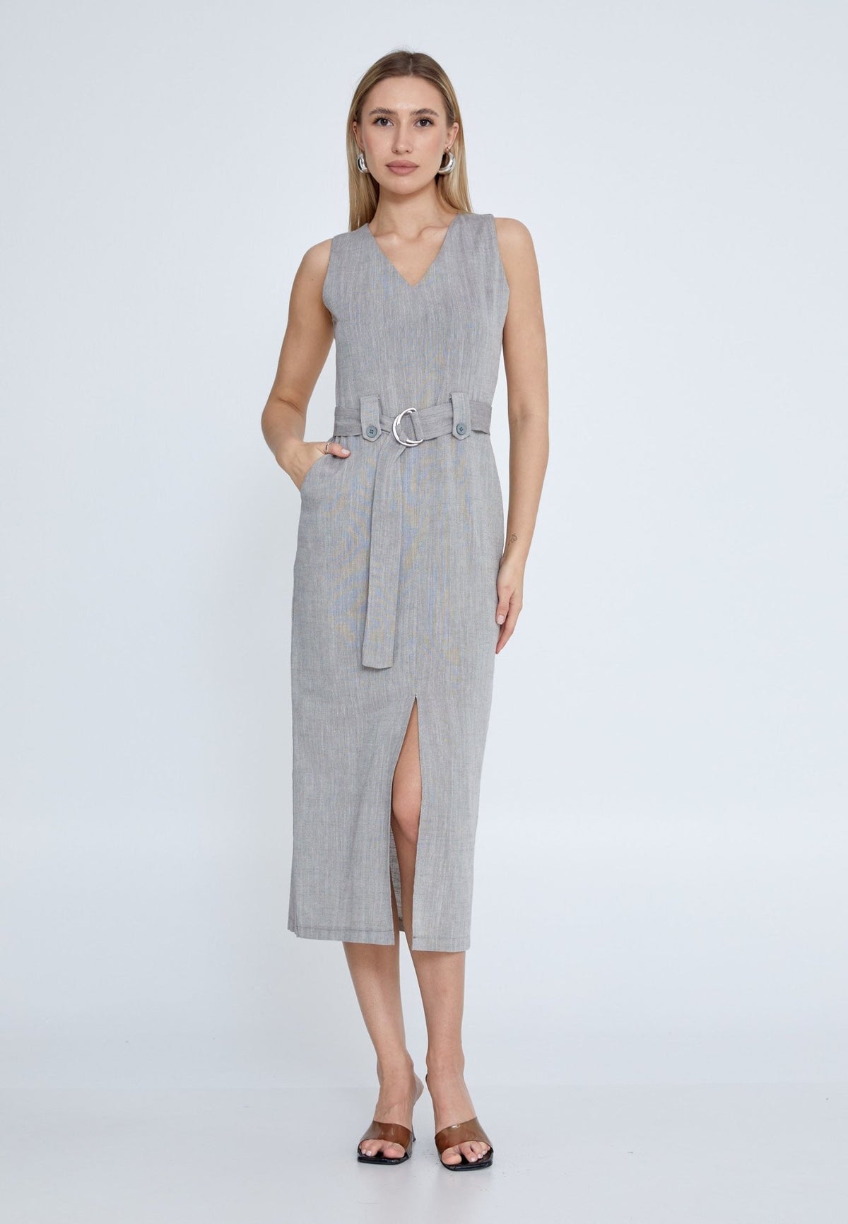 D8011 Grey Linen Office Dress - La Elegant