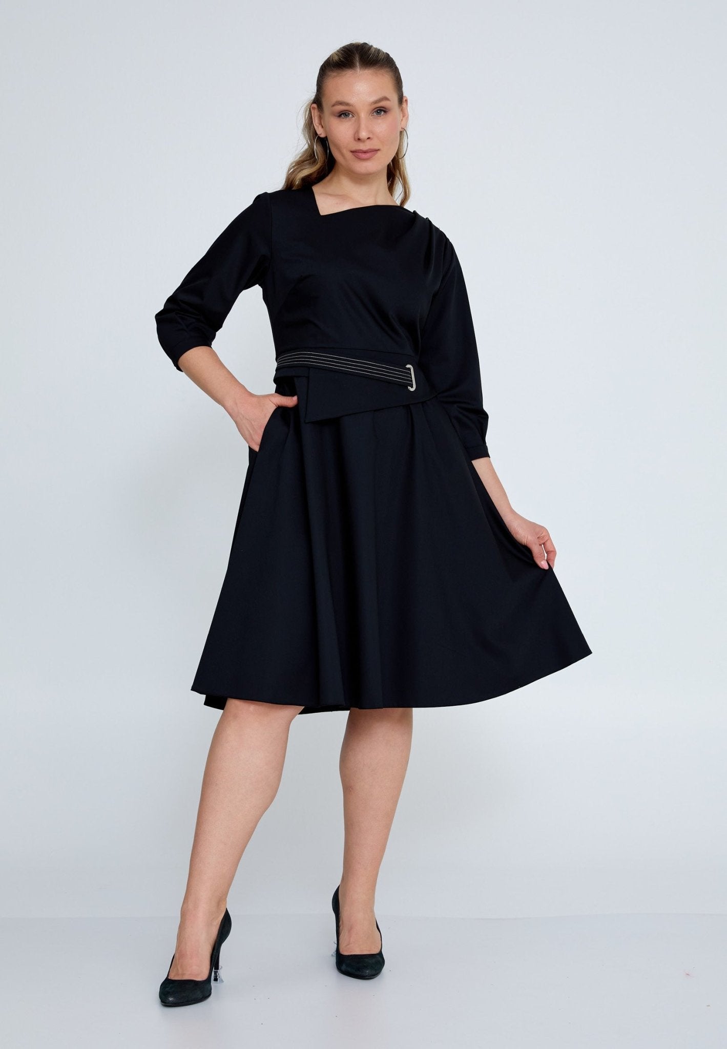 D8013 Black A - line Midi Dress - La Elegant