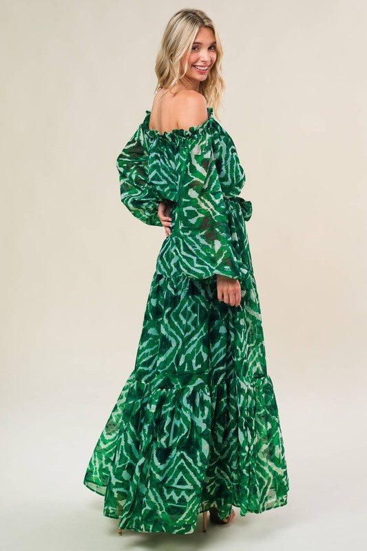 D9001 Green printed woven maxi dress - La Elegant