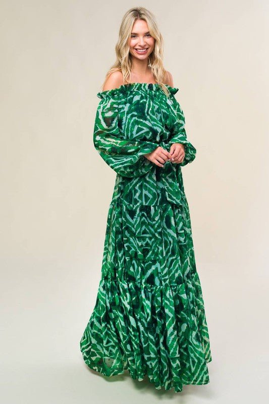 D9001 Green printed woven maxi dress - La Elegant