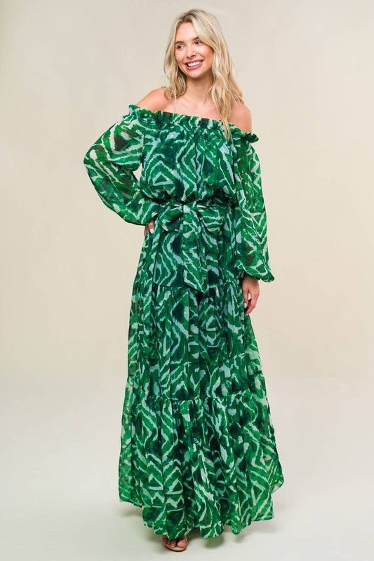 D9001 Green printed woven maxi dress - La Elegant