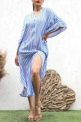 D9008 Blue & White Stripe Shirt Dress - La Elegant