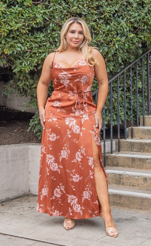 D9044 Rust Floral Slip Maxi - La Elegant