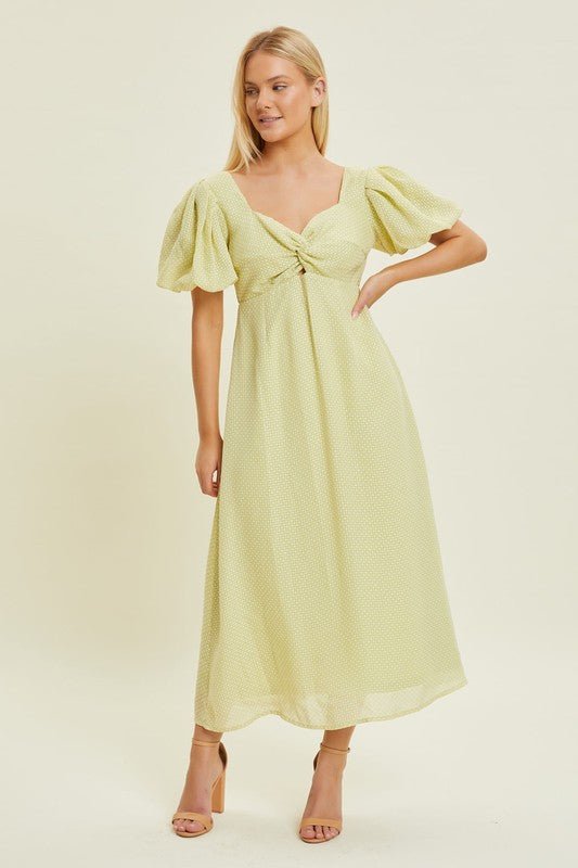 D9047 Pistachio Puff Sleeve Midi - La Elegant