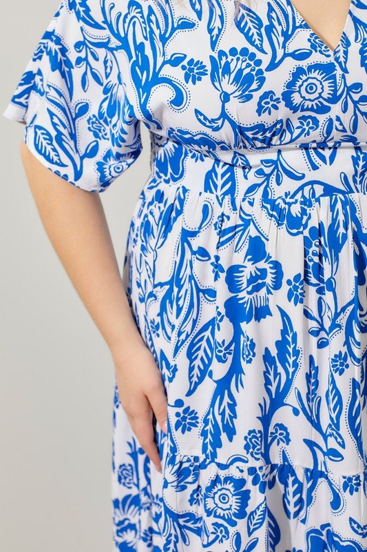 D9050 White & Blue Floral Midi - La Elegant