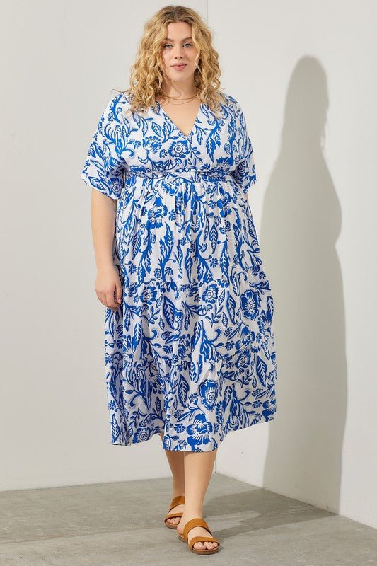 D9050 White & Blue Floral Midi - La Elegant