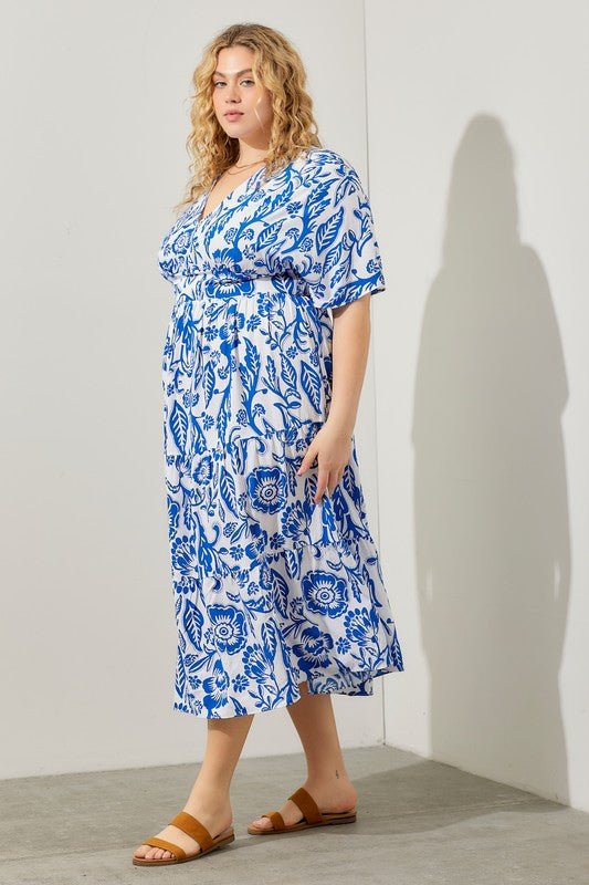 D9050 White & Blue Floral Midi - La Elegant