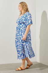 D9050 White & Blue Floral Midi - La Elegant