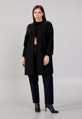 D9065 Pearl Shoulder Black Coat - La Elegant